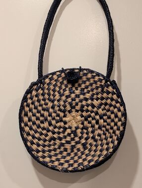 Round Navy and Natural Woven Crossbody Bag